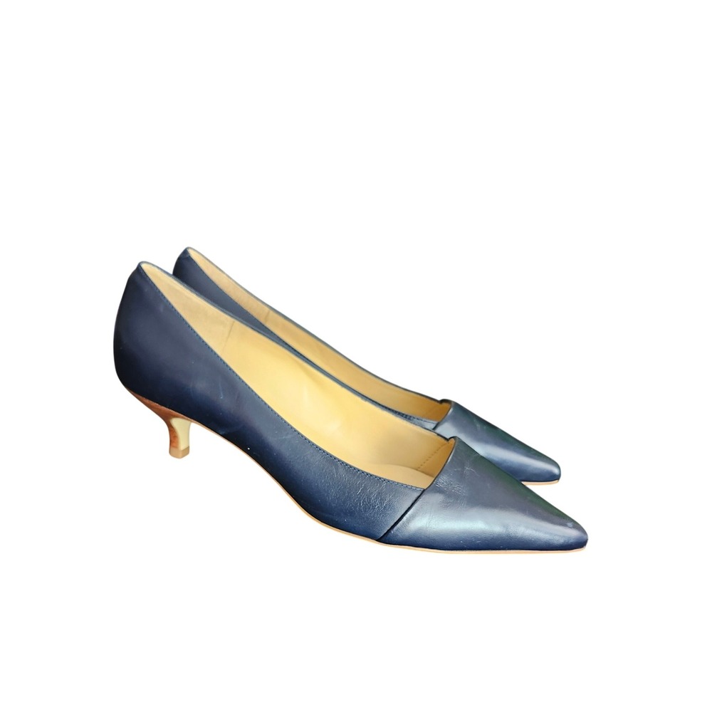 Talbots Sylvie Pumps Women 9W Navy Blue Leather Pointed Toe Kitten Heel Classic